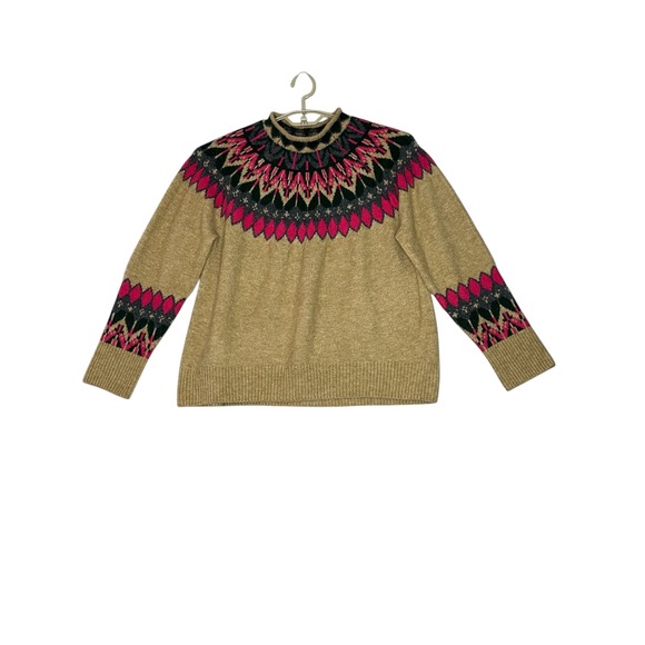 Vince Camuto Womens Fair Isle Mock Neck Sweater Large Mockneck Brown Pink Greeo - Picture 2 of 11